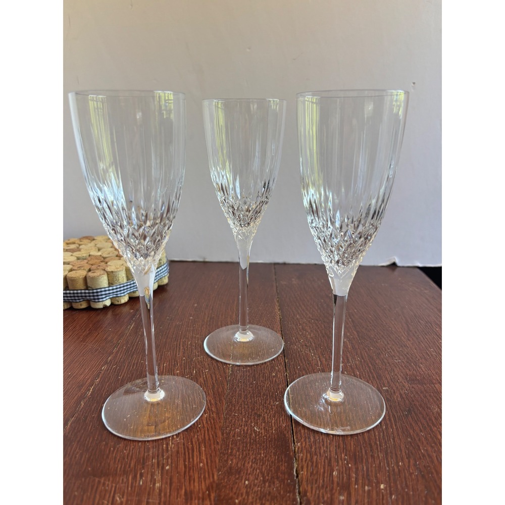 Rogaska Gallia Crystal‎ Champagne Flutes Set of 3 Signed Diamond Vertical Cut